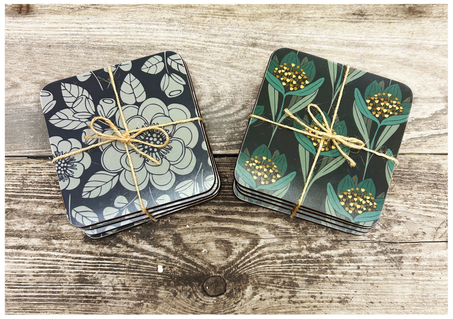 HAPPY FLOWERS Set of 4 square coasters (teal blue & gold) - Cork back - Melamine coated