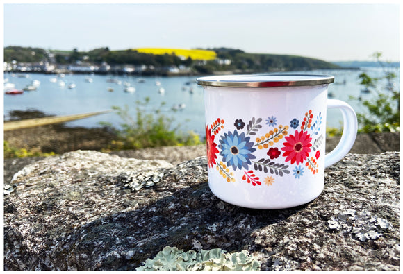 Folk Floral Enamel Camping mug (view over to Flushing Cornwall) - Sophie Tilston