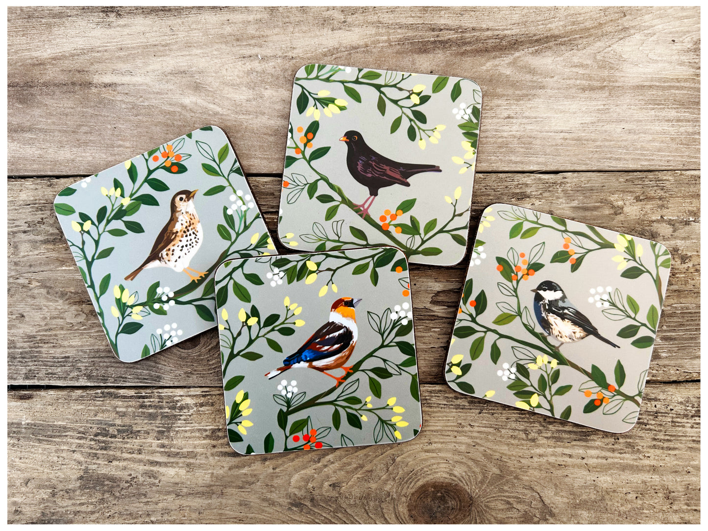 IN THE WOODS (British birds) Set of 4 square coasters - Cork back - Melamine coated