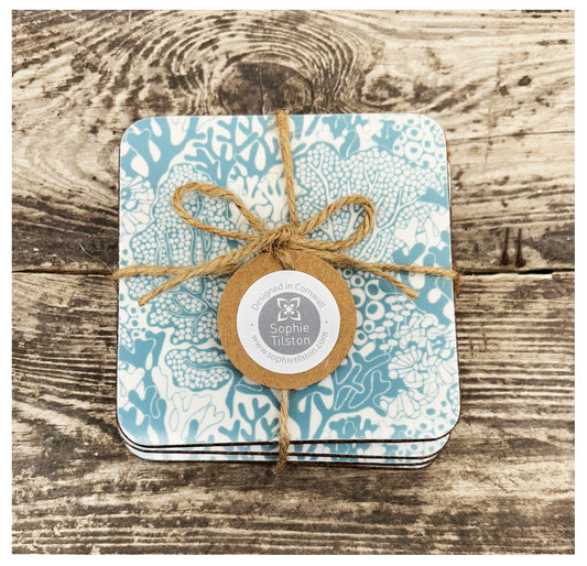 TIDE Set of 4 square coasters (pale teal blue) - Cork back - Melamine coated