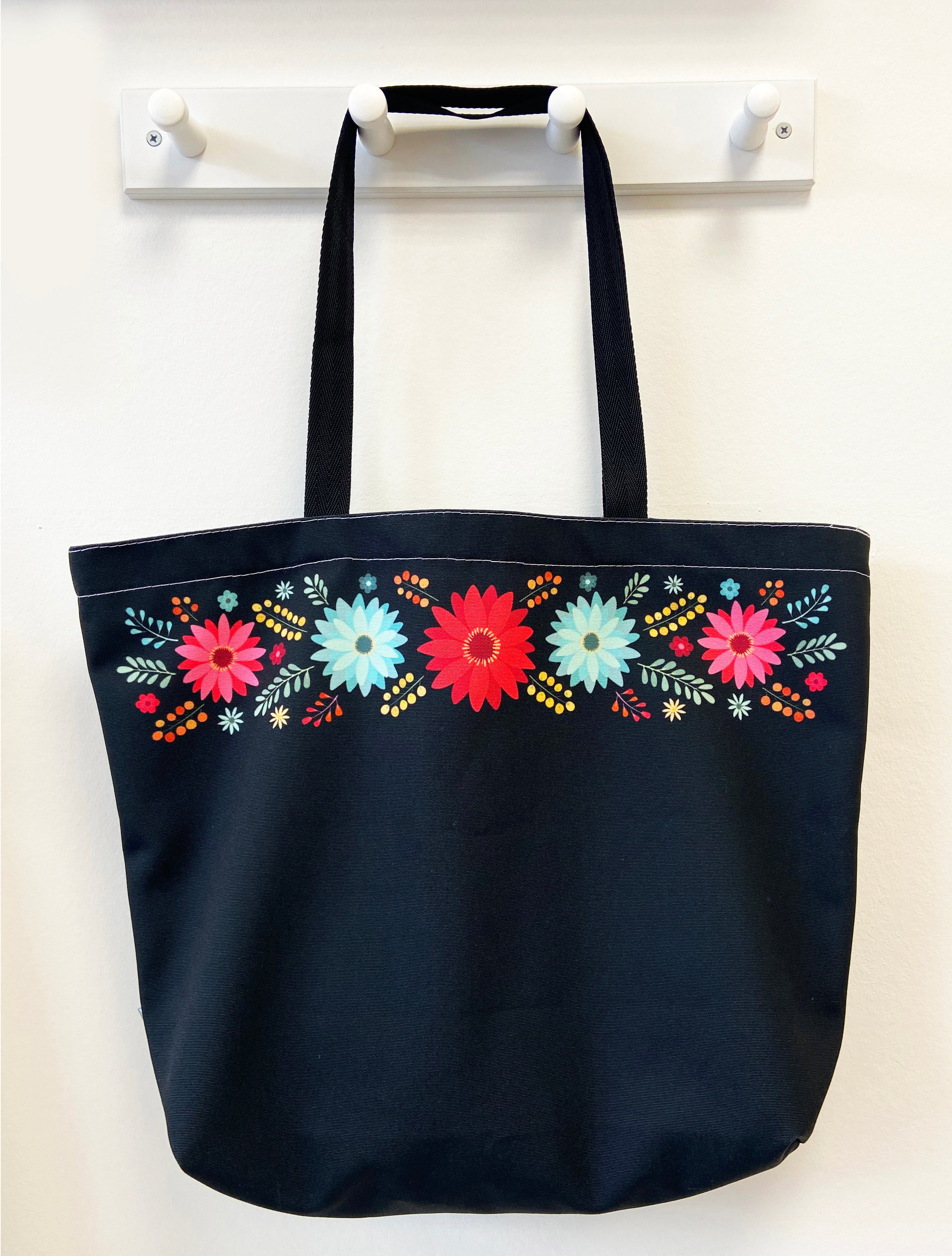 Black floral tote bag sale