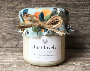 JUST LOVELY (Neroli tulip fabric) Handmade scented jam jar candle