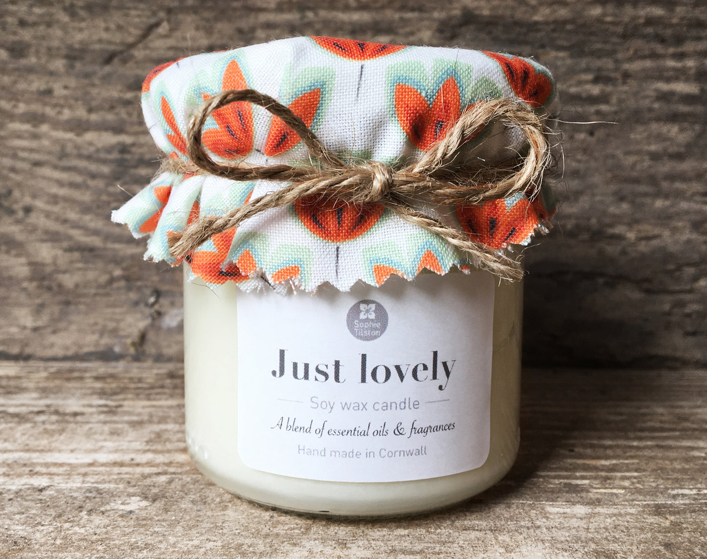 JUST LOVELY (Orange tulip fabric) Handmade scented jam jar candle