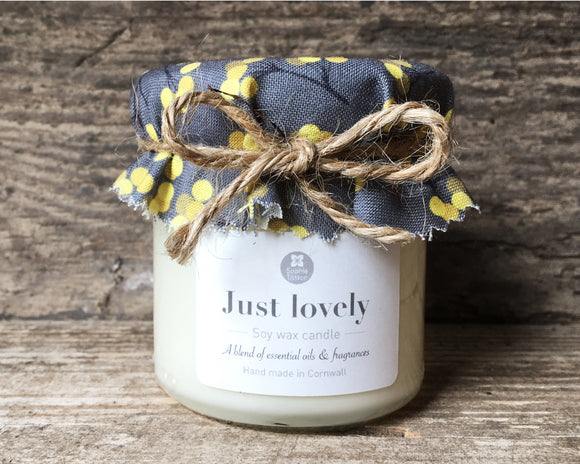 JUST LOVELY (Yellow berry fabric) Handmade scented jam jar candle